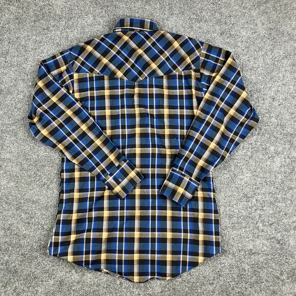 Ely Cattleman Button-Up Shirt Mens M Blue Tan Plaid Western Pearl Snap - Picture 7 of 9